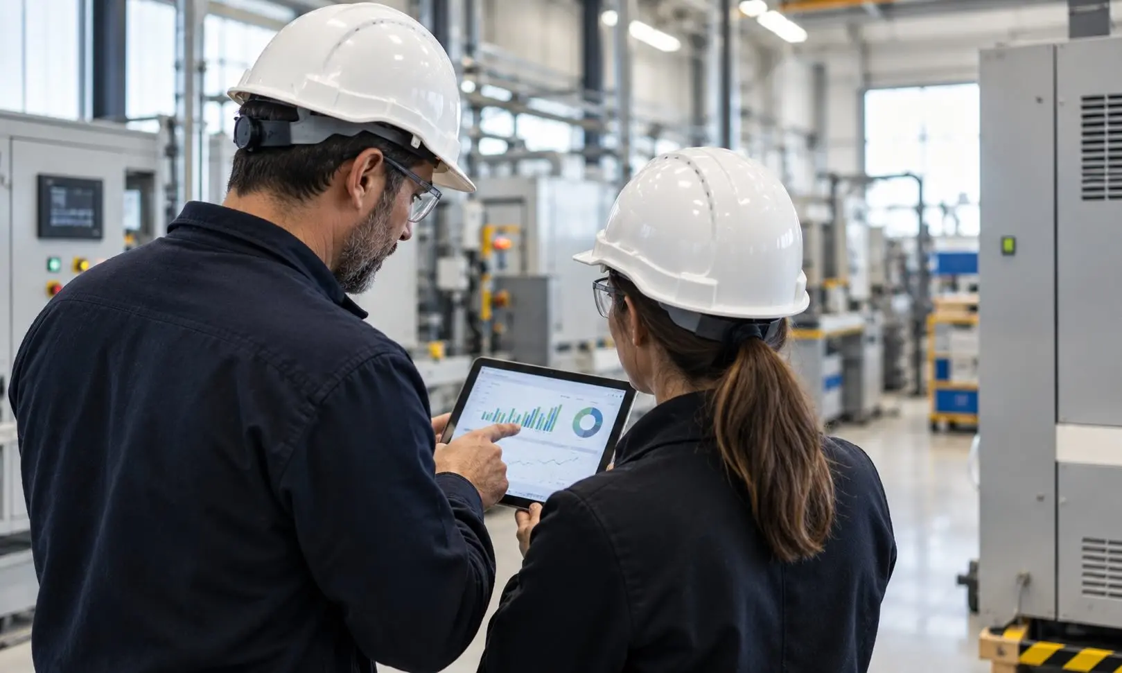 Técnicos comentando gráficos en una planta energética